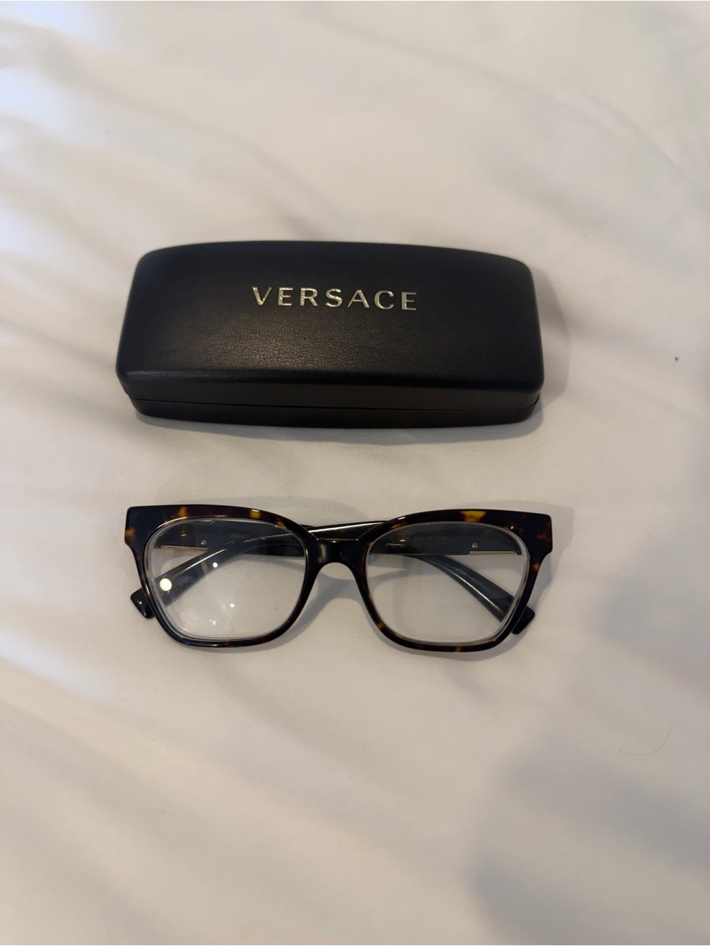Versace Brown Tortoiseshell Women’s Eyeglasses with Subtle Cat-Eye 3.25 both eye